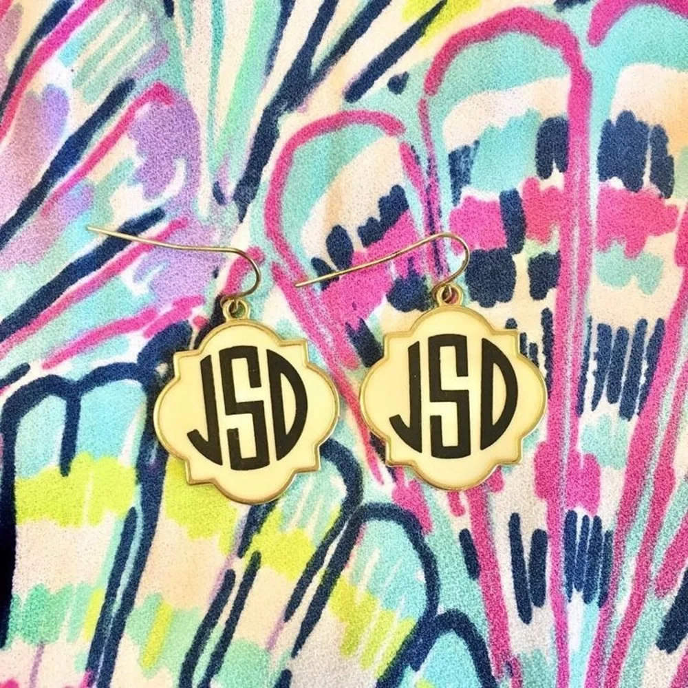 Custom Monogram Earrings Dangly Quatrefoil Cream Gold Pink Black Silver White